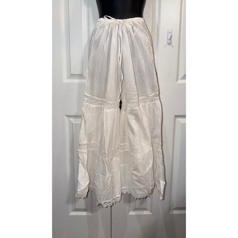 Advance Apparels White Cotton Wide Leg Palazzo Pants Crochet Lace Tiered Boho OS